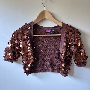 Say What? Brown Sequin Cropped Cardigan